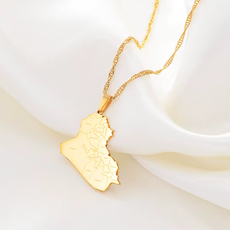 Republic of Iraq Map Cities Pendant Necklace Gold Color Jewelry Map of Iraq Necklaces #153621