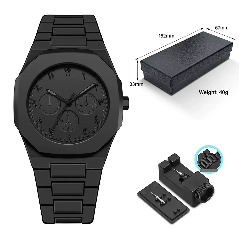 Men'S Waterproof Plastic Black Three Eye Pointer Quartz Watch Fashionable Middle Eastern Arabic Digital Dial Business Watch