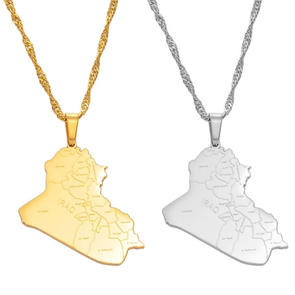 Republic of Iraq Map Cities Pendant Necklace Gold Color Jewelry Map of Iraq Necklaces #153621