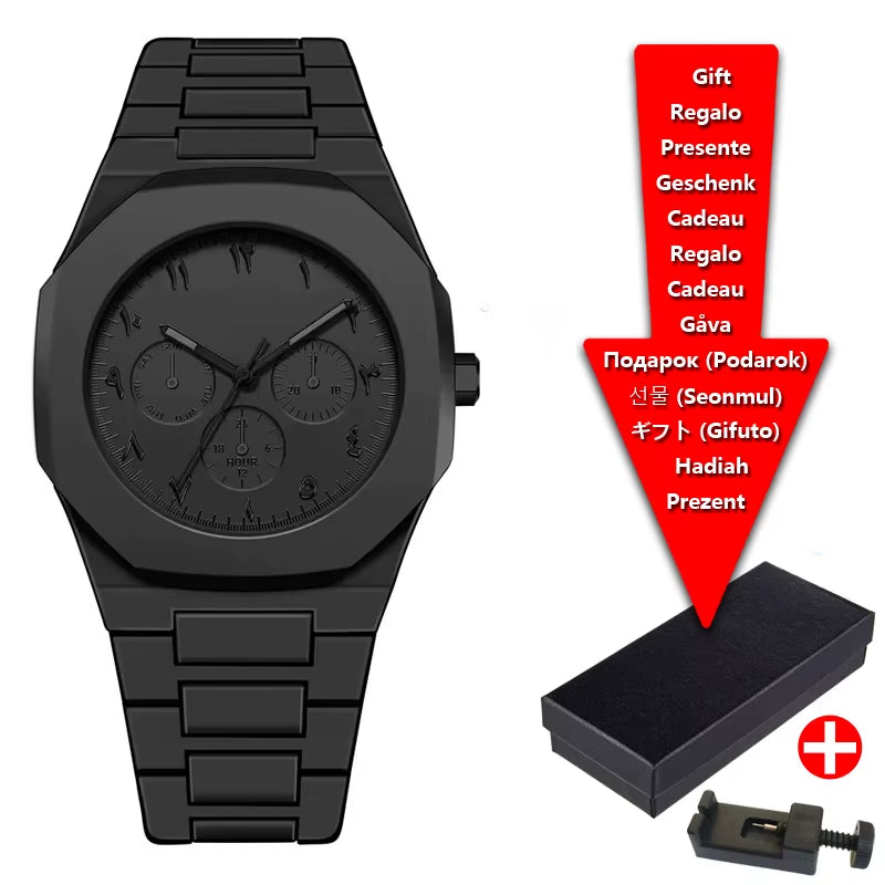 Men'S Waterproof Plastic Black Three Eye Pointer Quartz Watch Fashionable Middle Eastern Arabic Digital Dial Business Watch